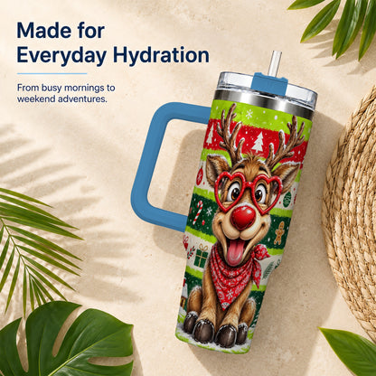 #pl[40oz|Blue] Cute Reindeer 40oz Tumbler with Handle, Holiday Stainless Steel Travel Cup