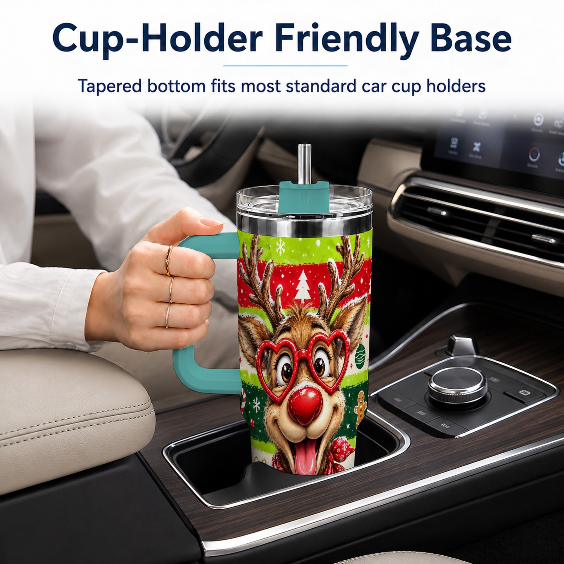 #pl[40oz|Green] Cute Reindeer 40oz Tumbler with Handle, Holiday Stainless Steel Travel Cup