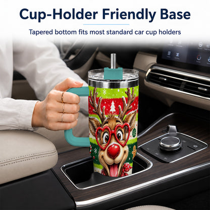 #pl[40oz|Green] Cute Reindeer 40oz Tumbler with Handle, Holiday Stainless Steel Travel Cup