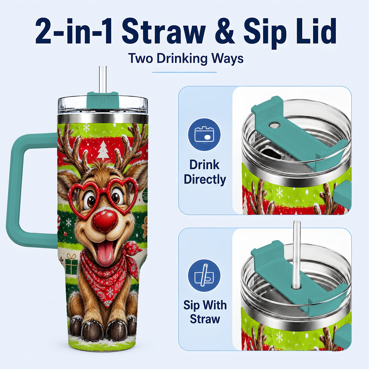 #pl[40oz|Green] Cute Reindeer 40oz Tumbler with Handle, Holiday Stainless Steel Travel Cup