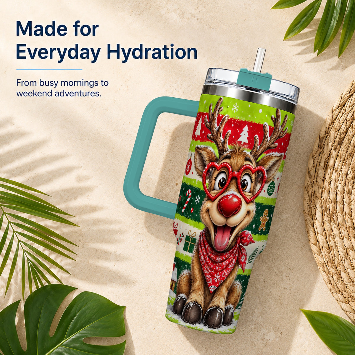 #pl[40oz|Green] Cute Reindeer 40oz Tumbler with Handle, Holiday Stainless Steel Travel Cup
