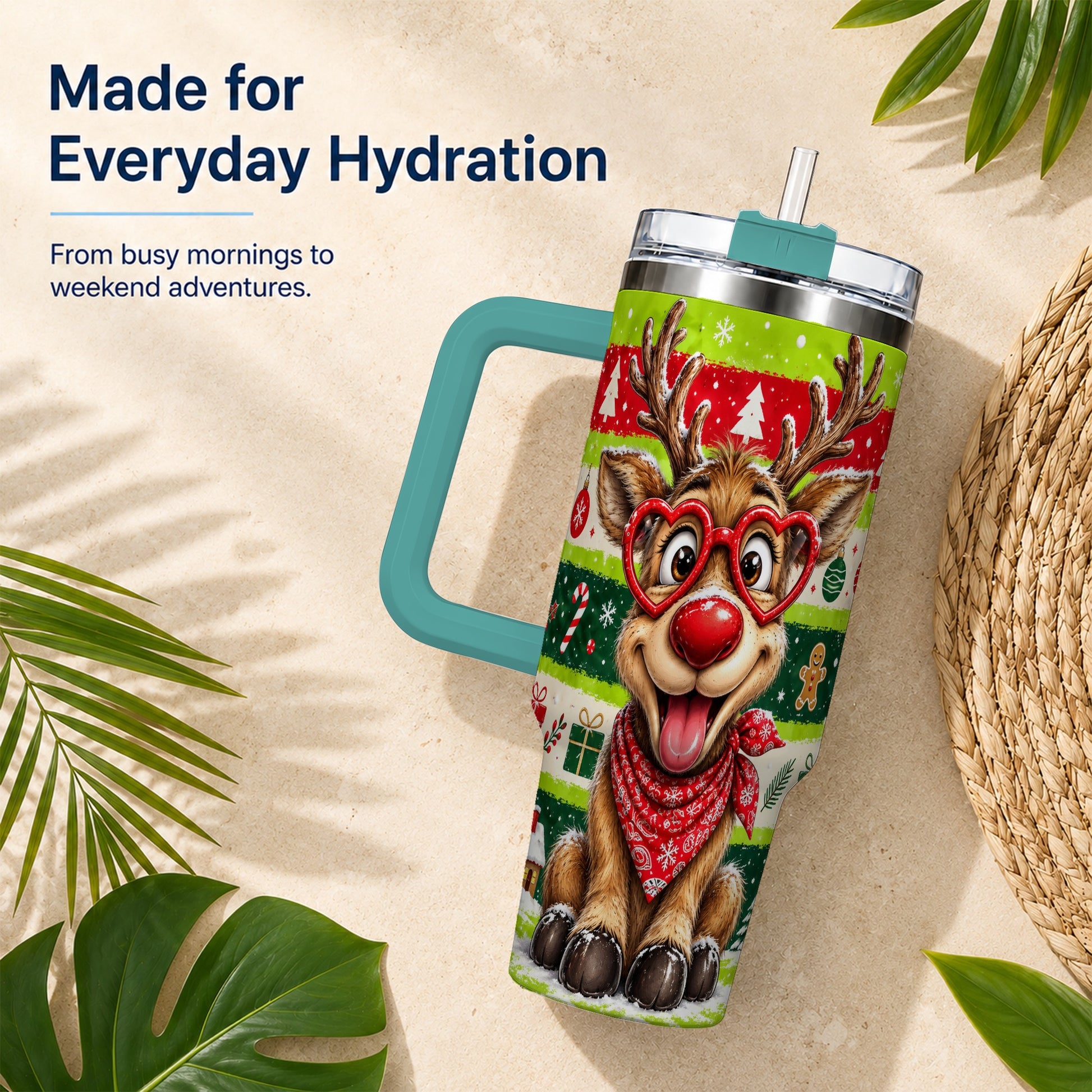 #pl[40oz|Green] Cute Reindeer 40oz Tumbler with Handle, Holiday Stainless Steel Travel Cup
