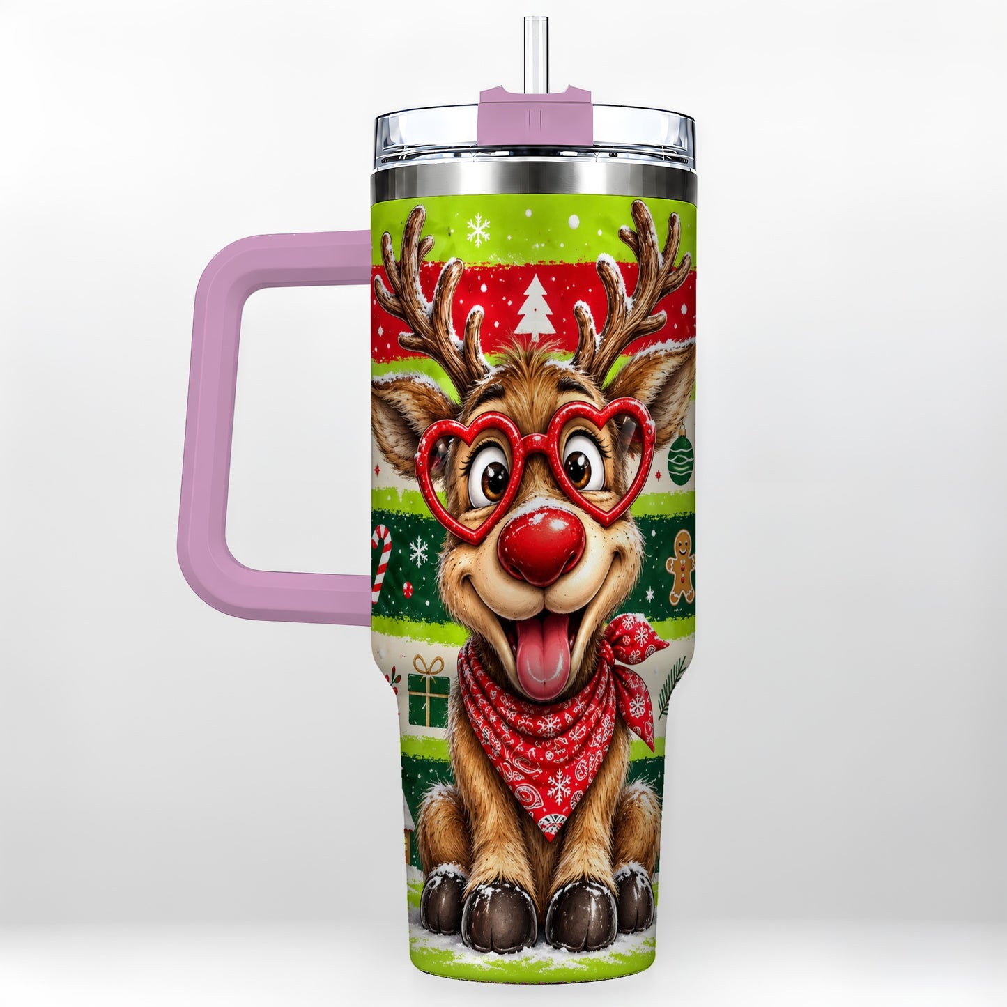 #pl[40oz|Pink] Cute Reindeer 40oz Tumbler with Handle, Holiday Stainless Steel Travel Cup