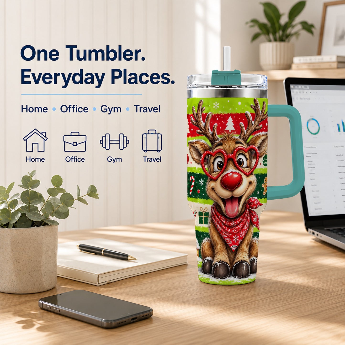 #pl[40oz|Green] Cute Reindeer 40oz Tumbler with Handle, Holiday Stainless Steel Travel Cup