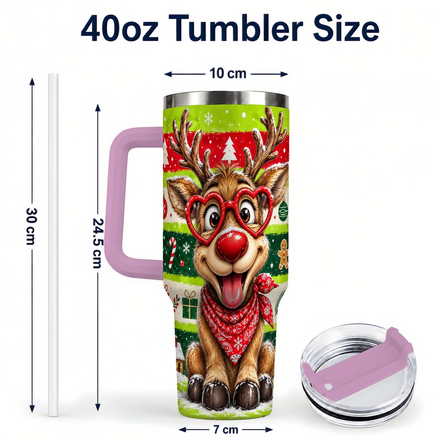 #pl[40oz|Pink] Cute Reindeer 40oz Tumbler with Handle, Holiday Stainless Steel Travel Cup