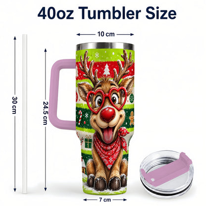 #pl[40oz|Pink] Cute Reindeer 40oz Tumbler with Handle, Holiday Stainless Steel Travel Cup