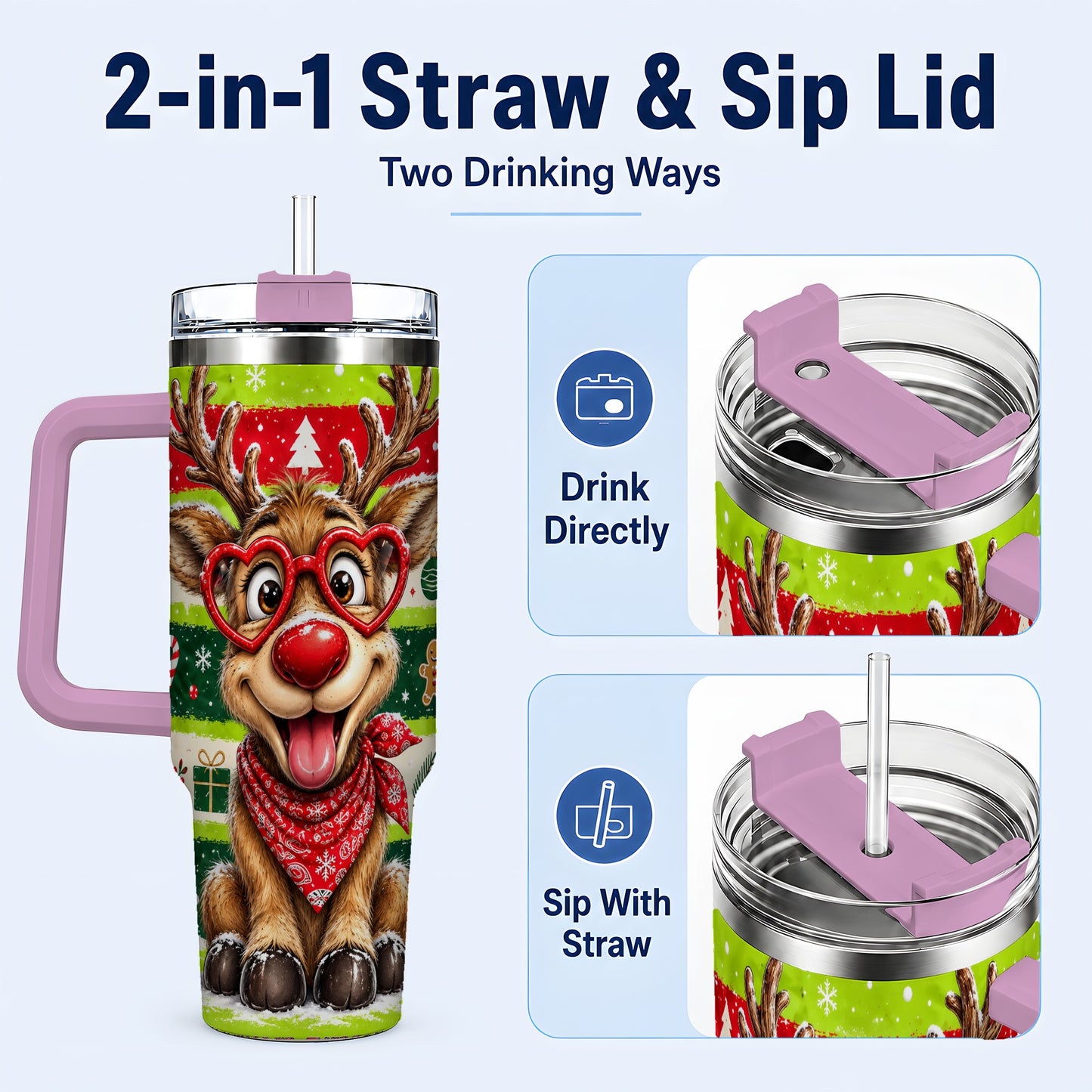 #pl[40oz|Pink] Cute Reindeer 40oz Tumbler with Handle, Holiday Stainless Steel Travel Cup