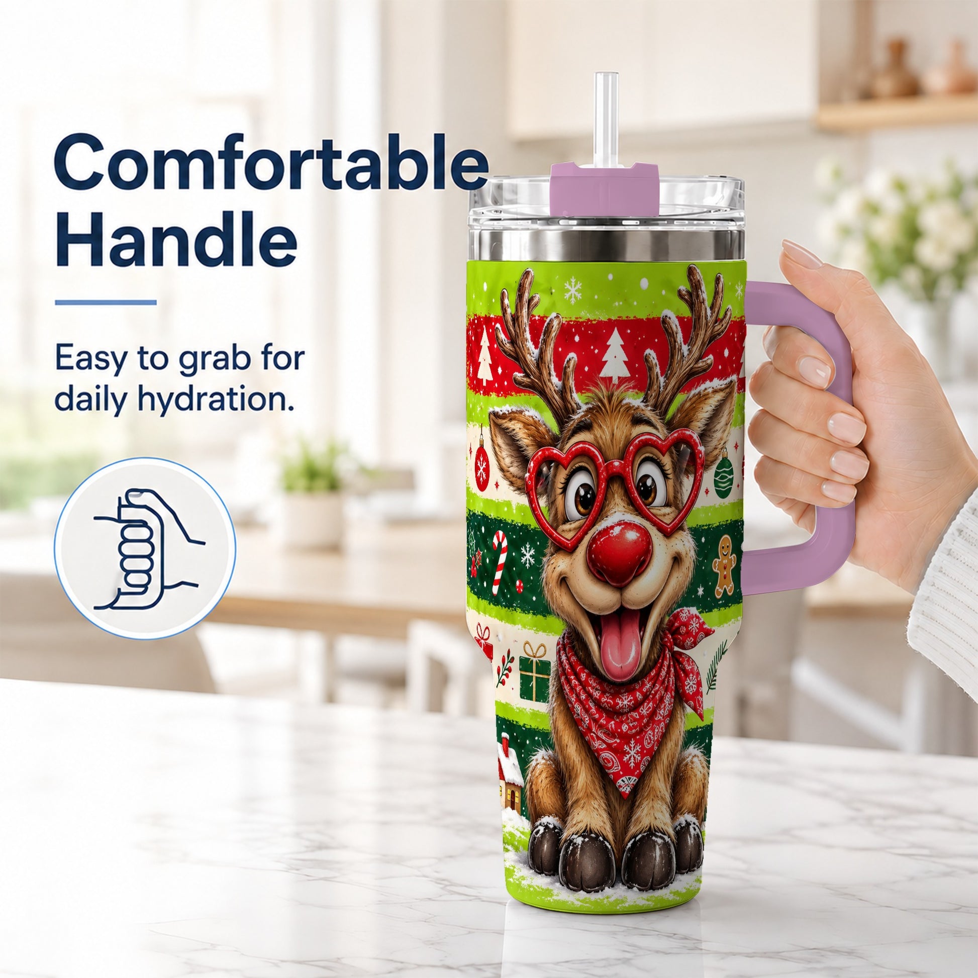 #pl[40oz|Pink] Cute Reindeer 40oz Tumbler with Handle, Holiday Stainless Steel Travel Cup