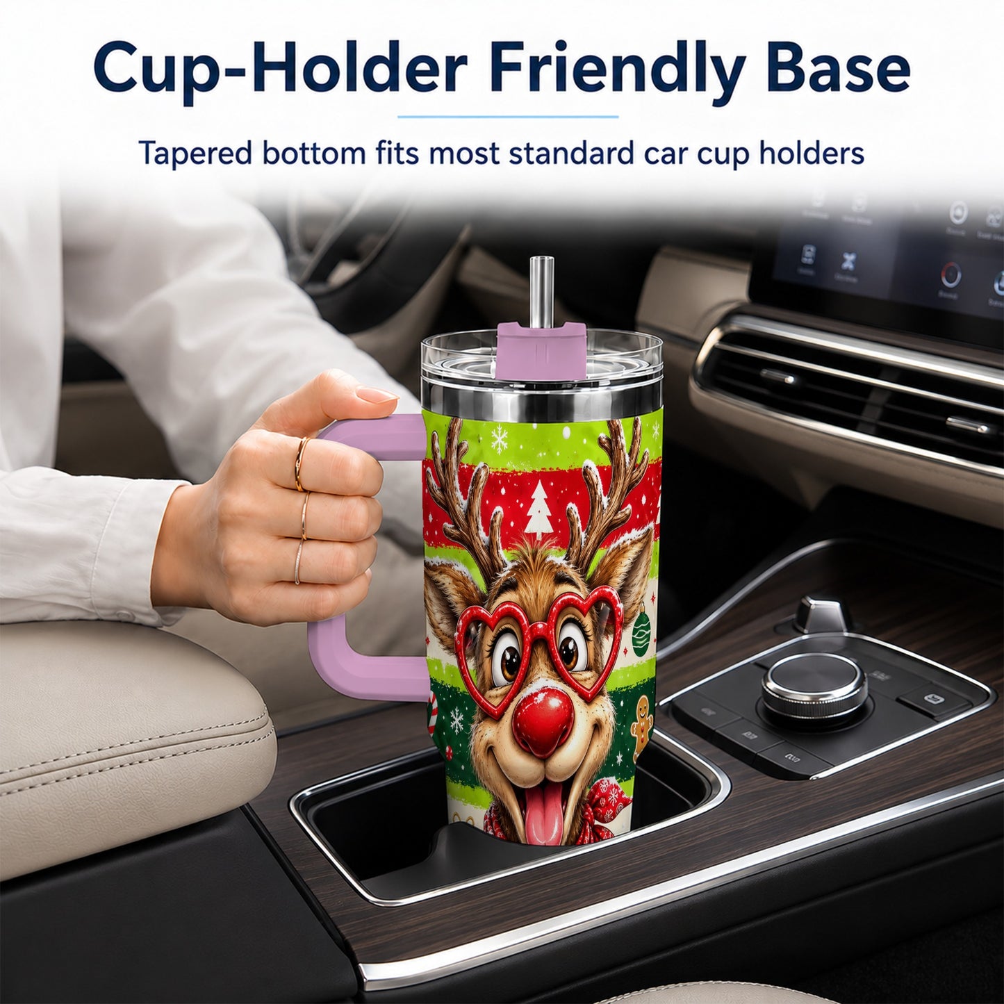 #pl[40oz|Pink] Cute Reindeer 40oz Tumbler with Handle, Holiday Stainless Steel Travel Cup