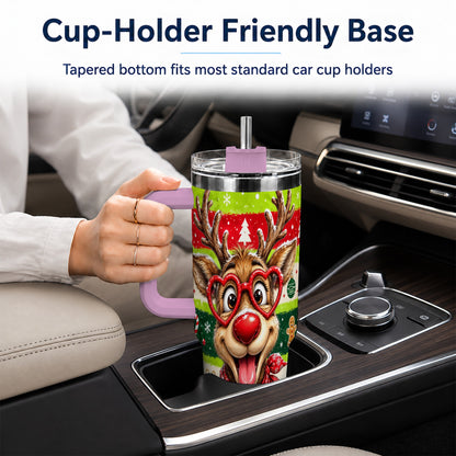 #pl[40oz|Pink] Cute Reindeer 40oz Tumbler with Handle, Holiday Stainless Steel Travel Cup