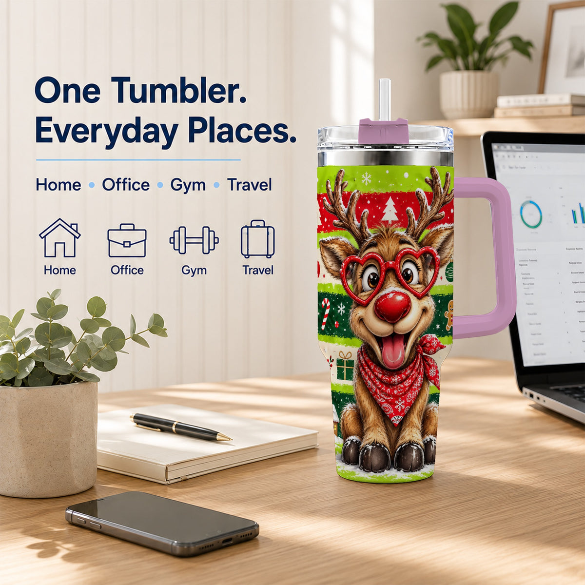 #pl[40oz|Pink] Cute Reindeer 40oz Tumbler with Handle, Holiday Stainless Steel Travel Cup