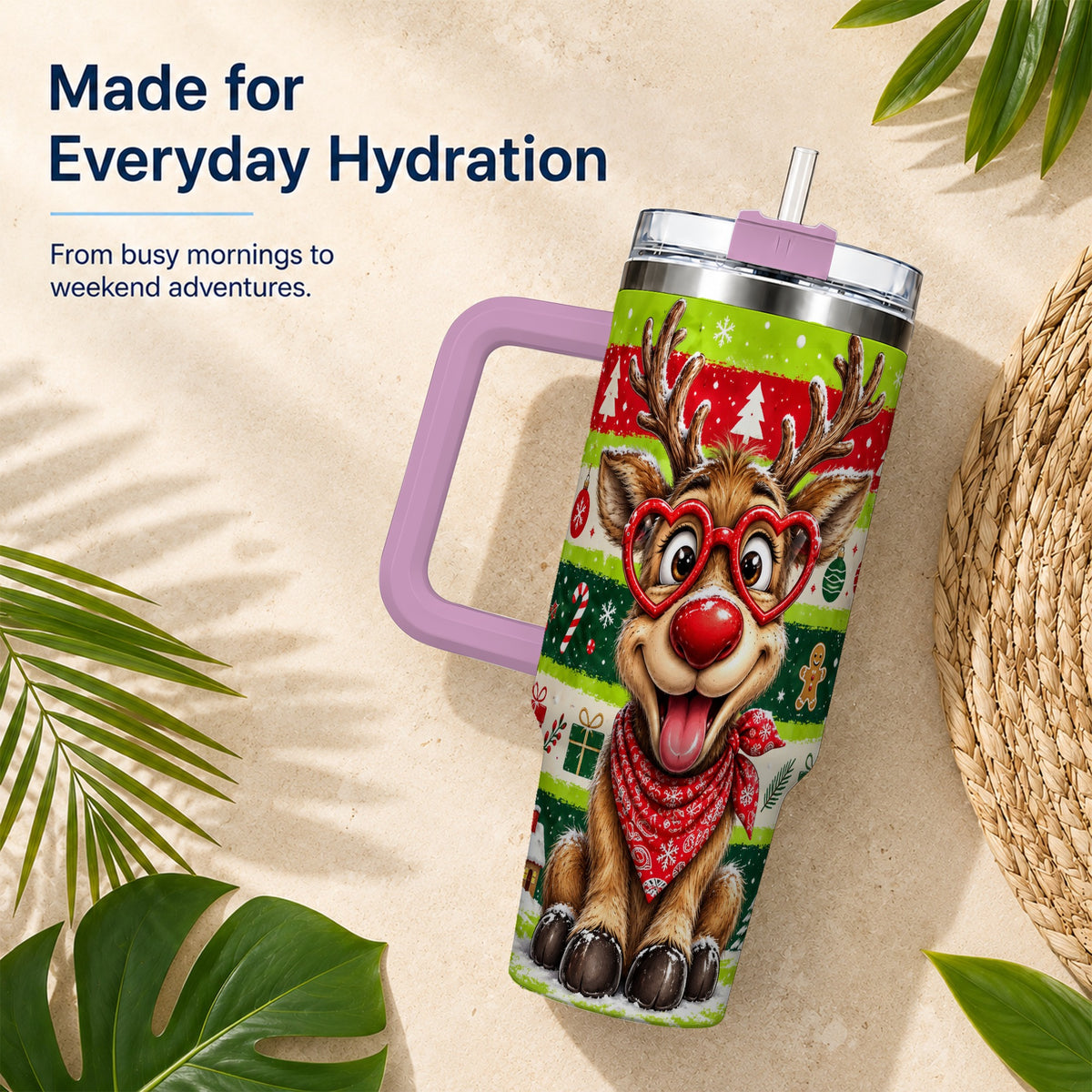 #pl[40oz|Pink] Cute Reindeer 40oz Tumbler with Handle, Holiday Stainless Steel Travel Cup