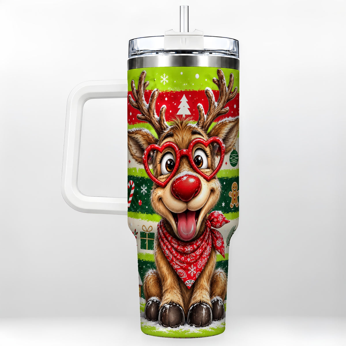 Cute Reindeer 40oz Tumbler with Handle, Holiday Stainless Steel Travel Cup