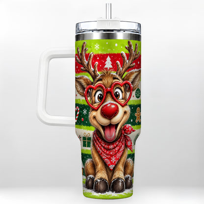 Cute Reindeer 40oz Tumbler with Handle, Holiday Stainless Steel Travel Cup