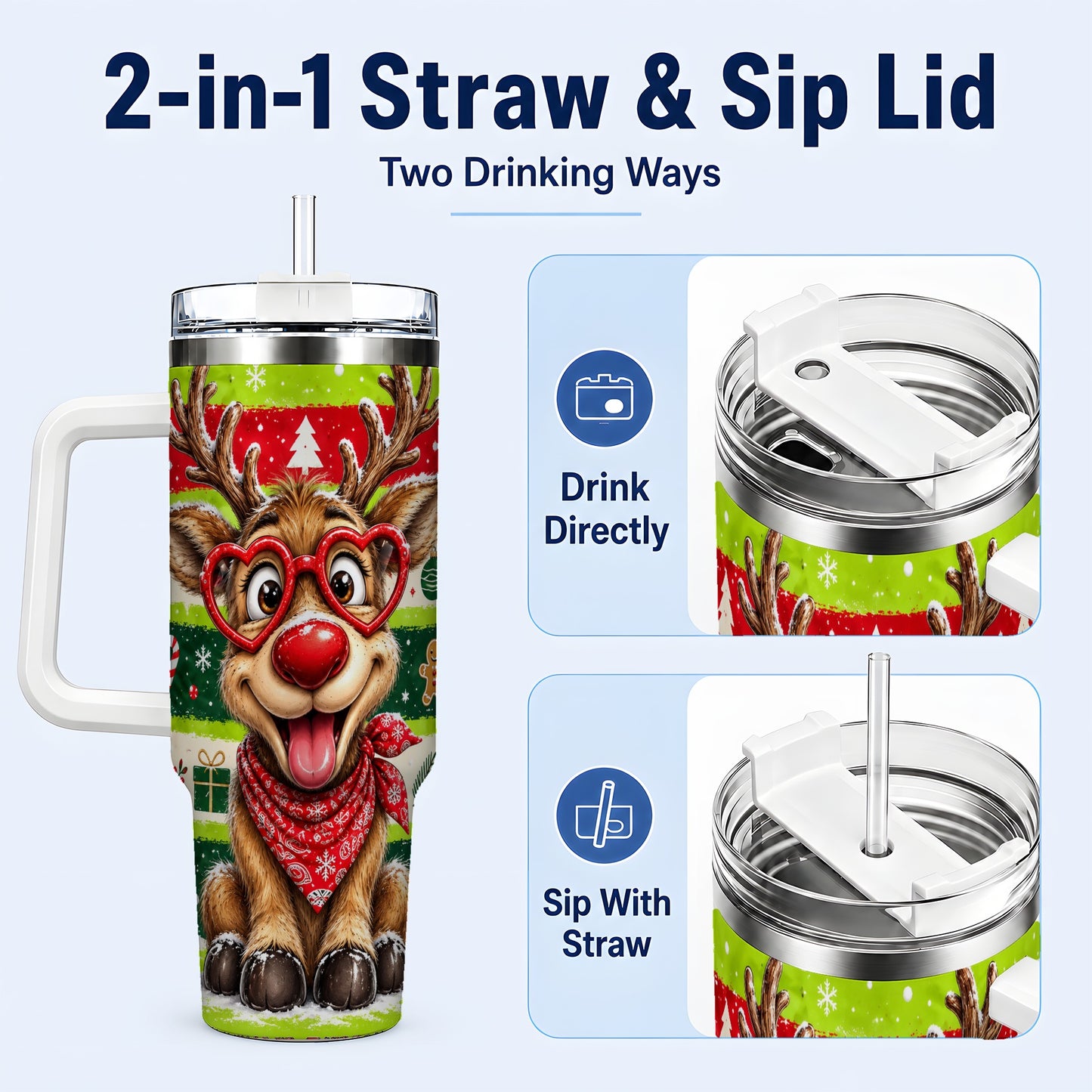 #pl[40oz|White] Cute Reindeer 40oz Tumbler with Handle, Holiday Stainless Steel Travel Cup
