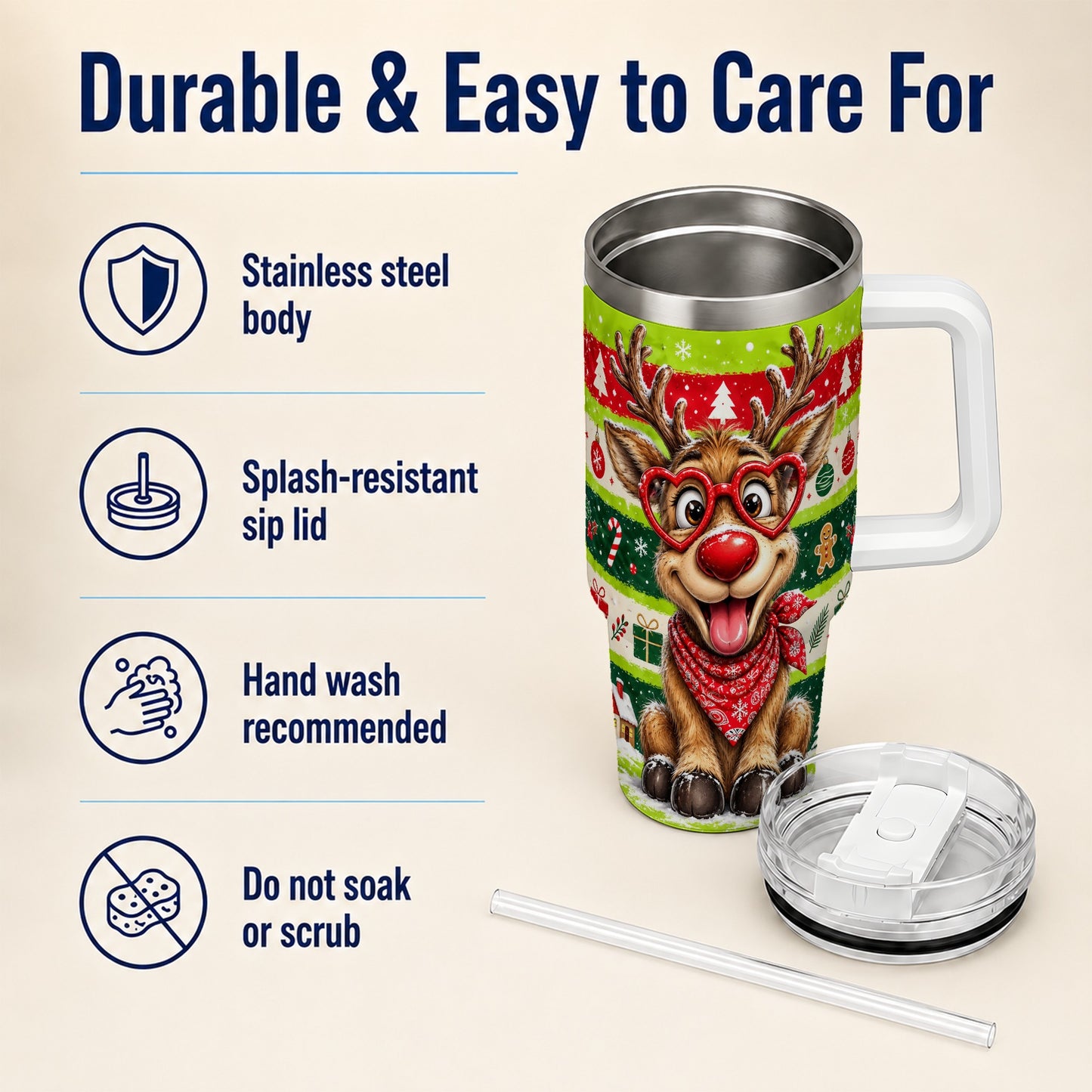 #pl[40oz|White] Cute Reindeer 40oz Tumbler with Handle, Holiday Stainless Steel Travel Cup