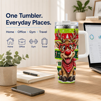#pl[40oz|White] Cute Reindeer 40oz Tumbler with Handle, Holiday Stainless Steel Travel Cup