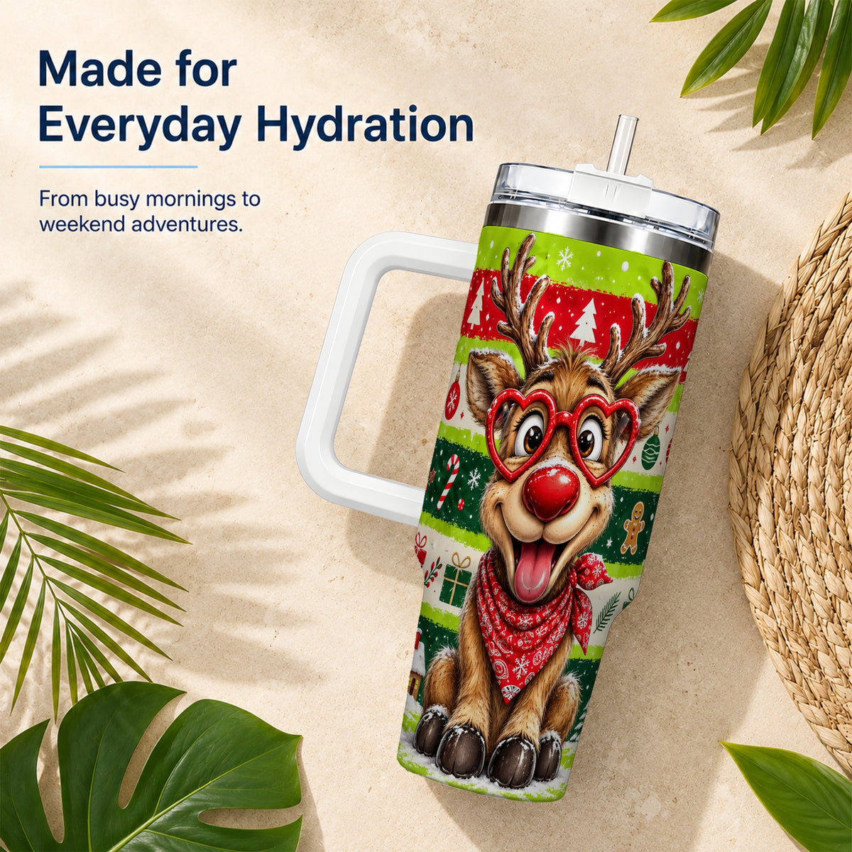#pl[40oz|White] Cute Reindeer 40oz Tumbler with Handle, Holiday Stainless Steel Travel Cup