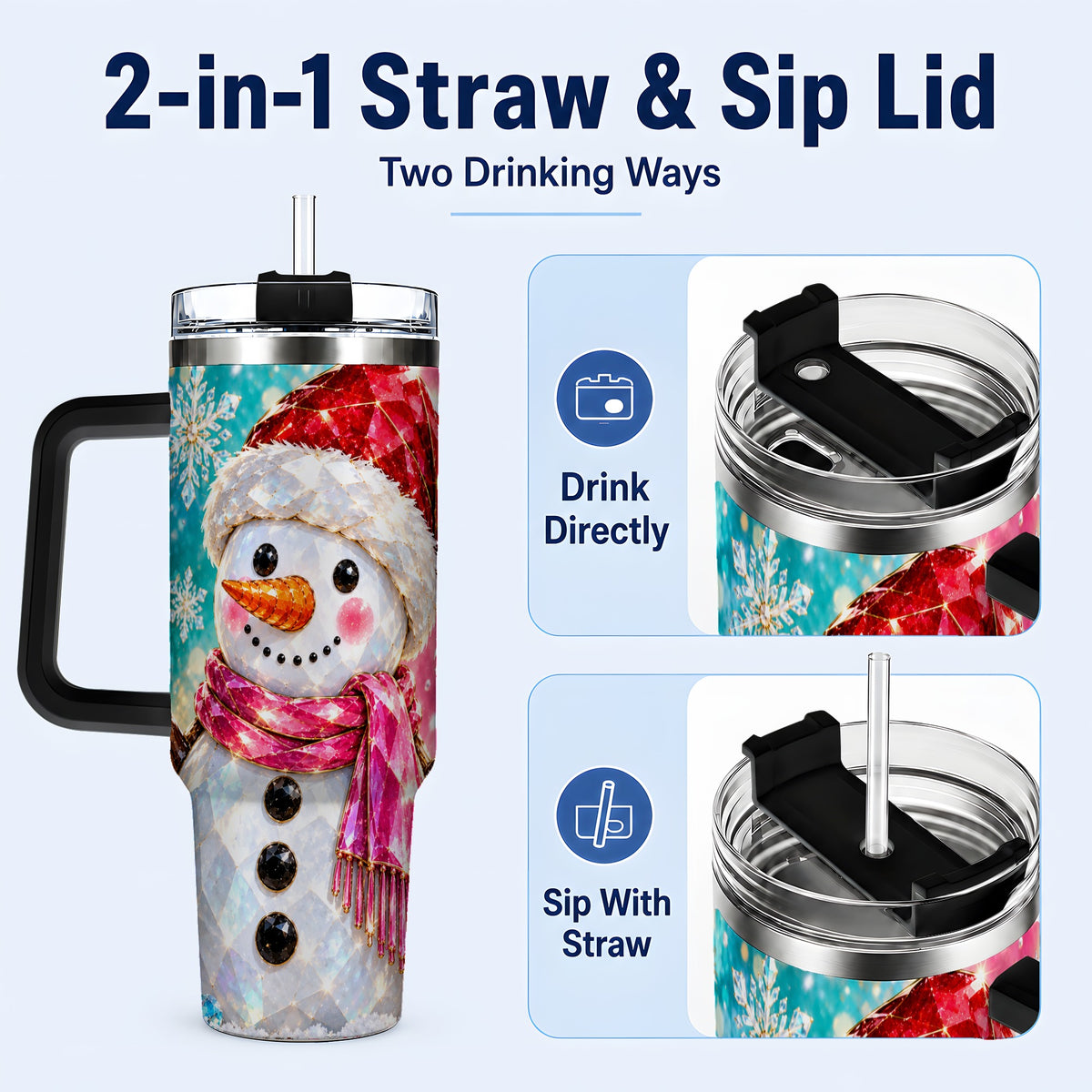 #pl[40oz|Black] Gemstone Style Snowman 40oz Tumbler with Handle, Stainless Steel Travel Cup