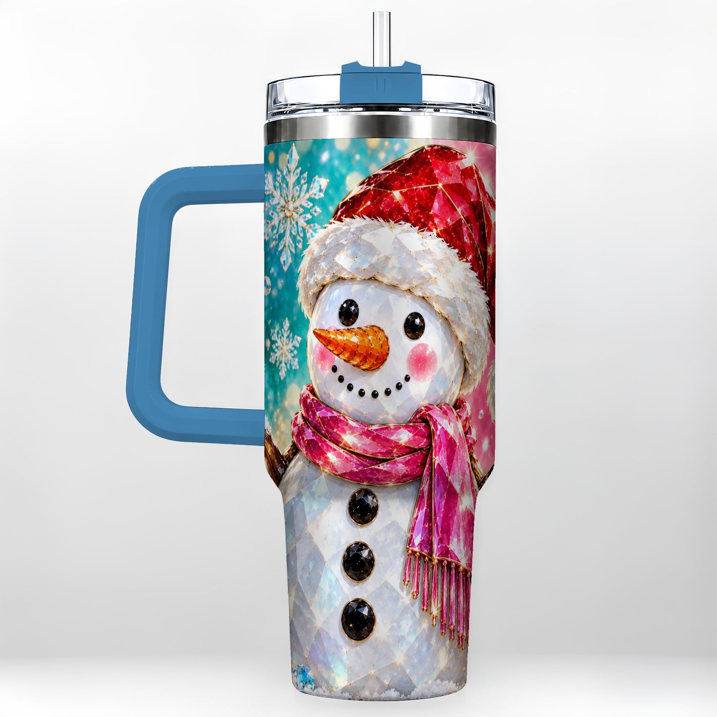 #pl[40oz|Blue] Gemstone Style Snowman 40oz Tumbler with Handle, Stainless Steel Travel Cup