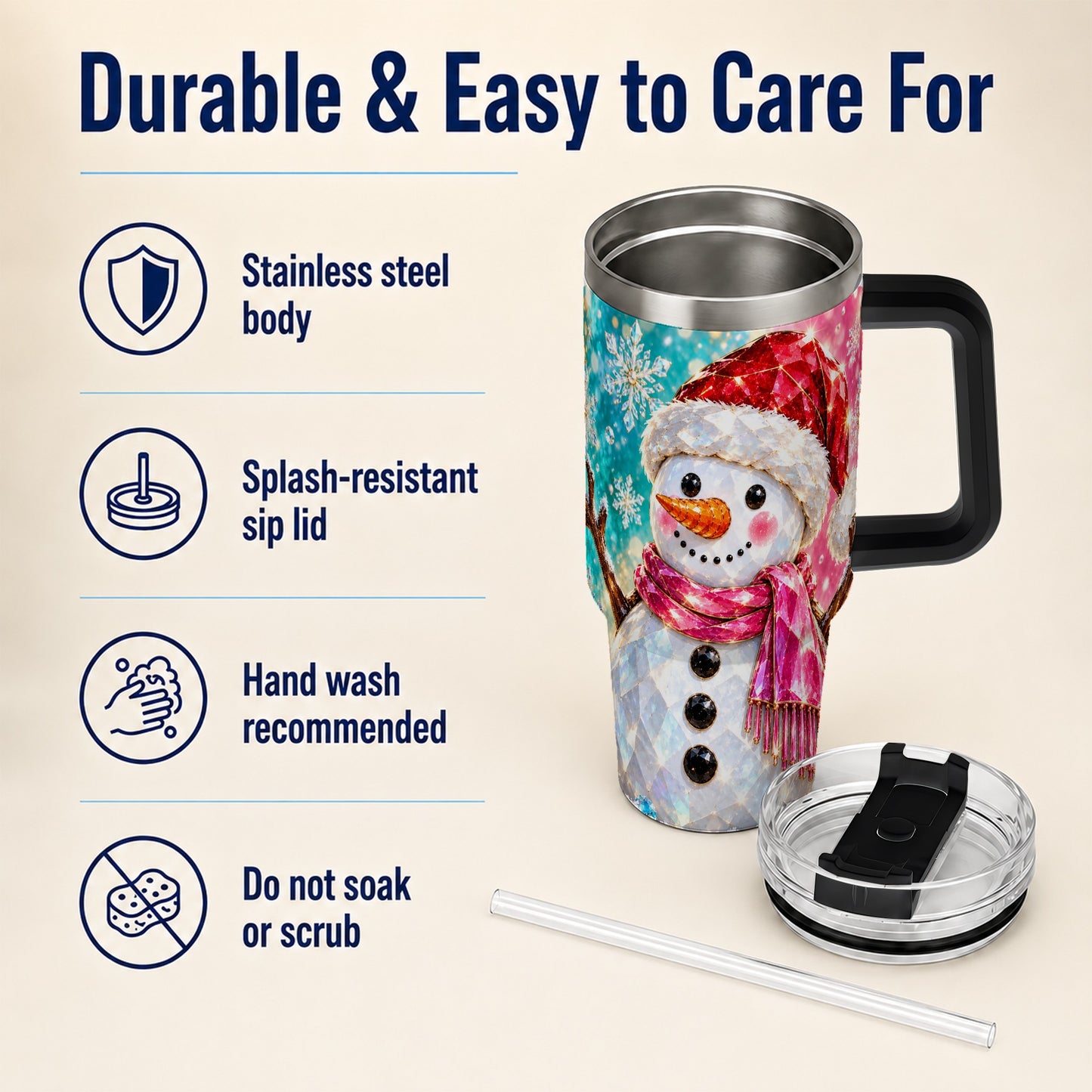 #pl[40oz|Black] Gemstone Style Snowman 40oz Tumbler with Handle, Stainless Steel Travel Cup