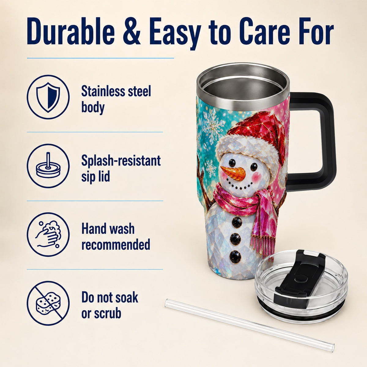 #pl[40oz|Black] Gemstone Style Snowman 40oz Tumbler with Handle, Stainless Steel Travel Cup