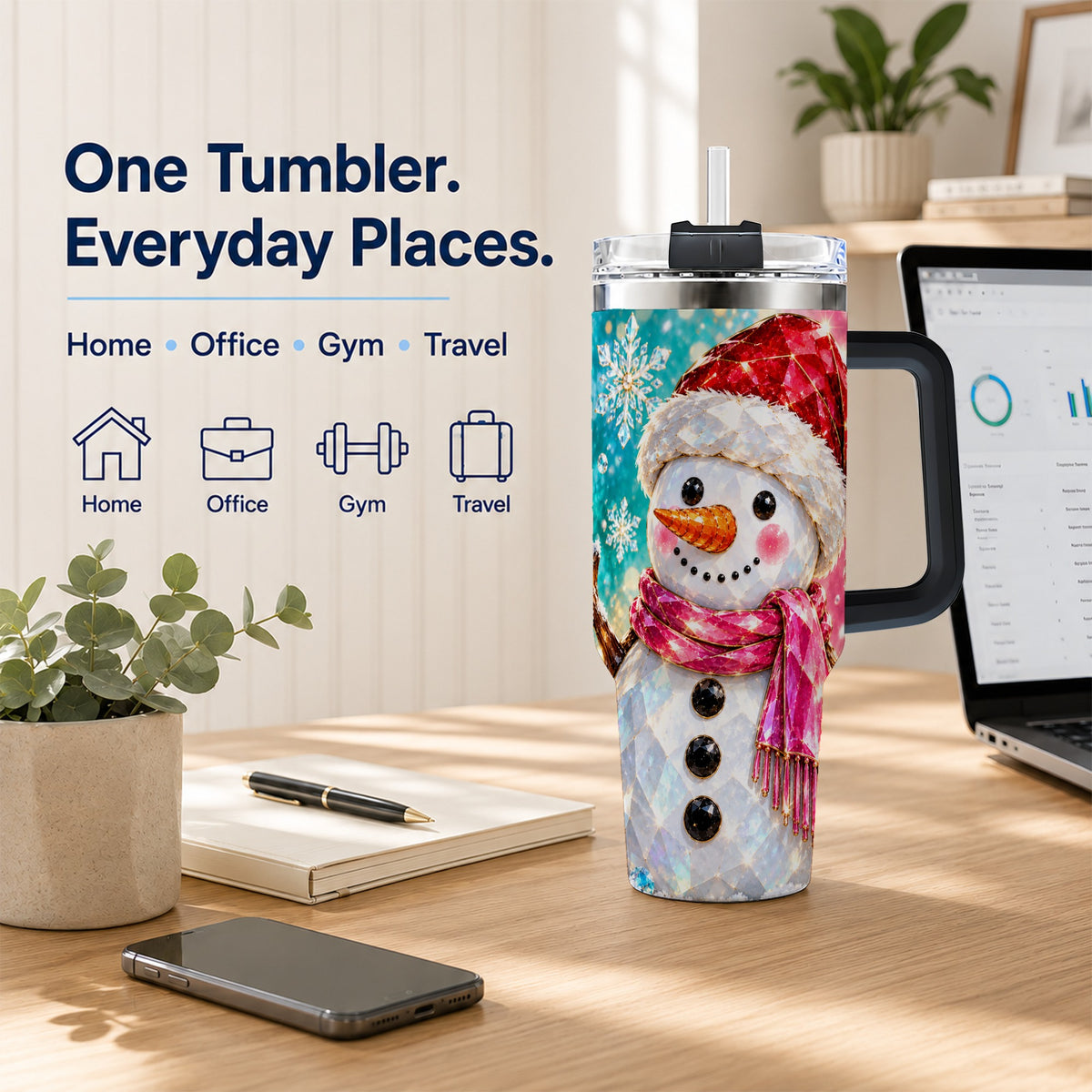 #pl[40oz|Black] Gemstone Style Snowman 40oz Tumbler with Handle, Stainless Steel Travel Cup