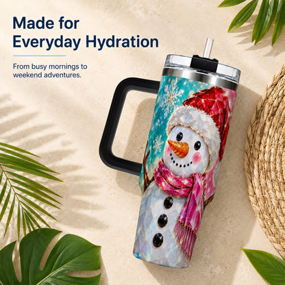 #pl[40oz|Black] Gemstone Style Snowman 40oz Tumbler with Handle, Stainless Steel Travel Cup