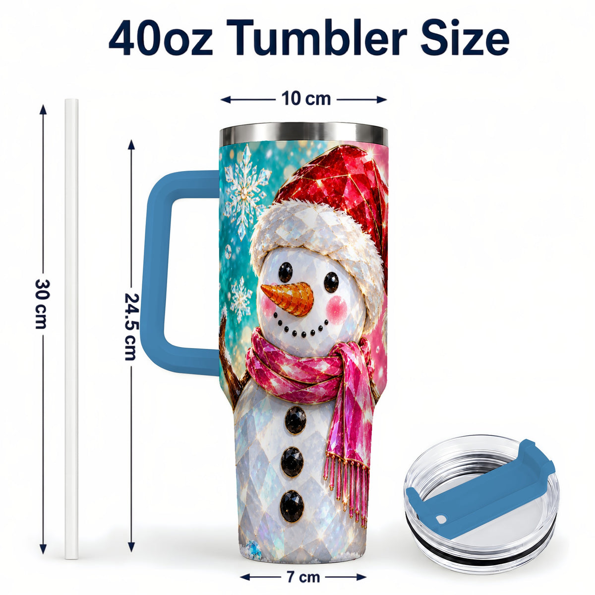 #pl[40oz|Blue] Gemstone Style Snowman 40oz Tumbler with Handle, Stainless Steel Travel Cup