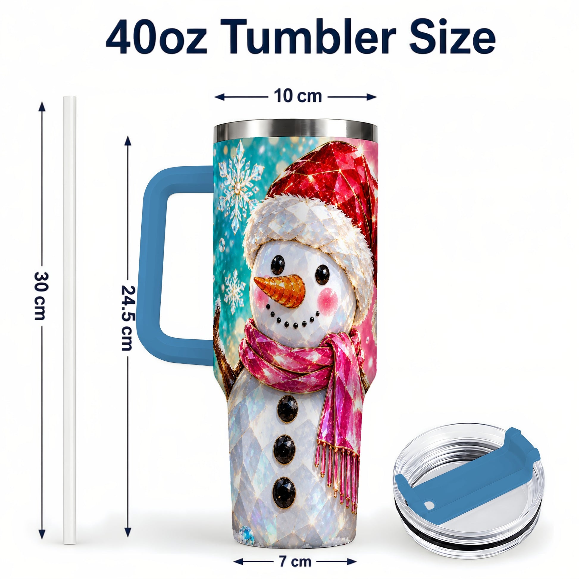 #pl[40oz|Blue] Gemstone Style Snowman 40oz Tumbler with Handle, Stainless Steel Travel Cup