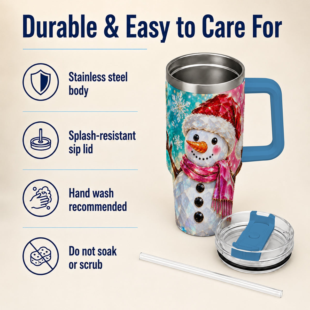 #pl[40oz|Blue] Gemstone Style Snowman 40oz Tumbler with Handle, Stainless Steel Travel Cup