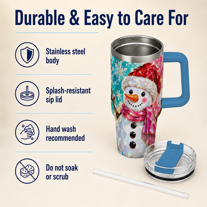 #pl[40oz|Blue] Gemstone Style Snowman 40oz Tumbler with Handle, Stainless Steel Travel Cup