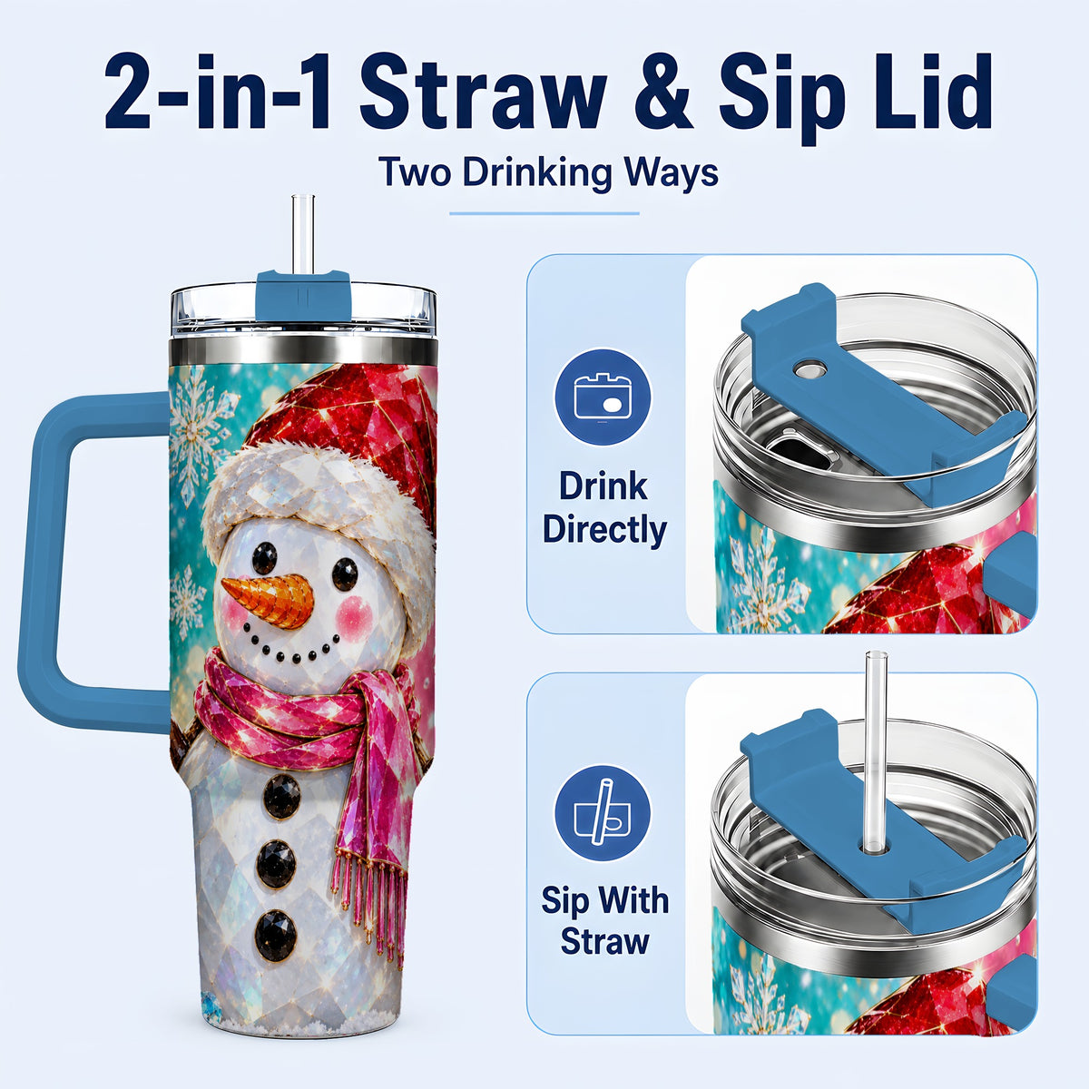 #pl[40oz|Blue] Gemstone Style Snowman 40oz Tumbler with Handle, Stainless Steel Travel Cup