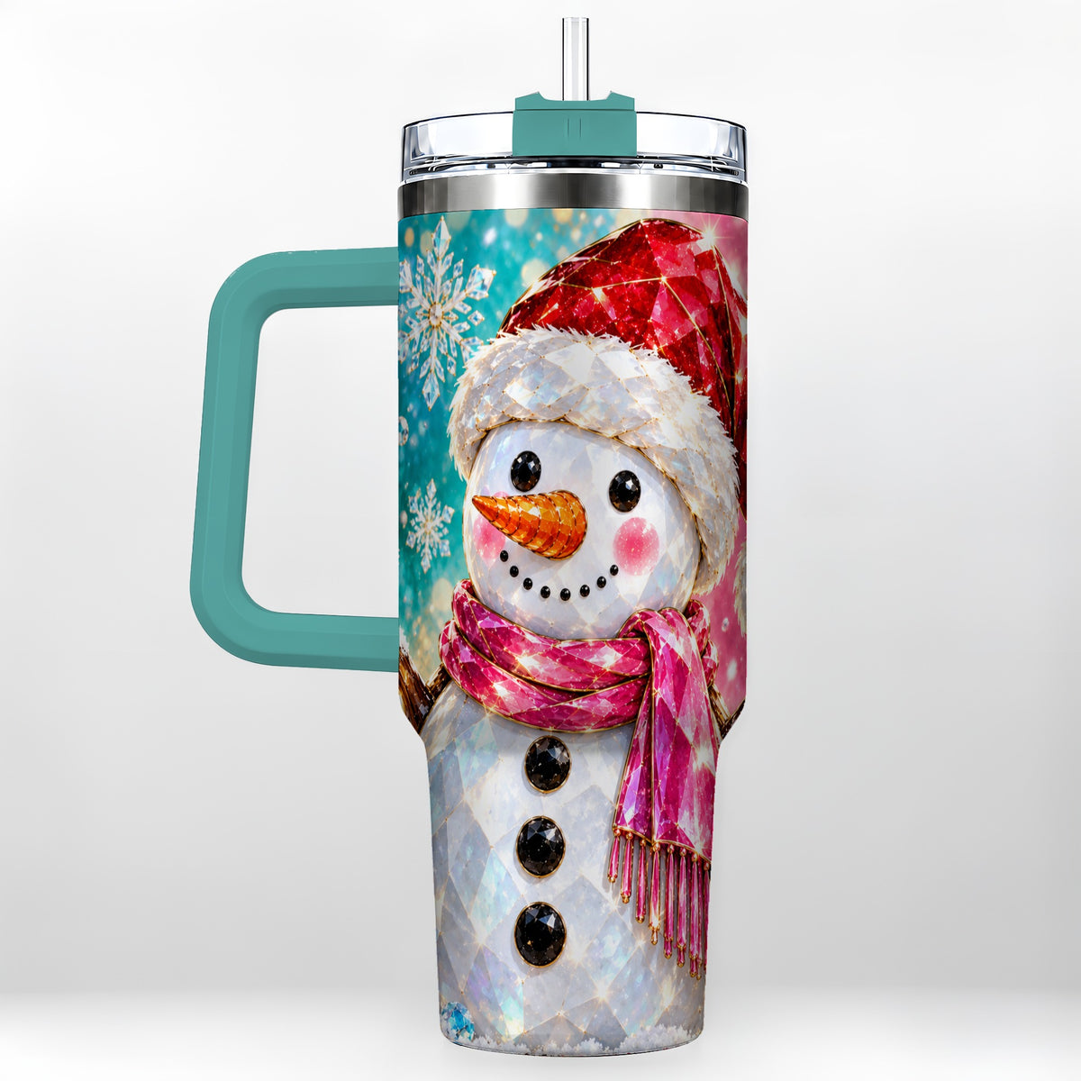 #pl[40oz|Green] Gemstone Style Snowman 40oz Tumbler with Handle, Stainless Steel Travel Cup