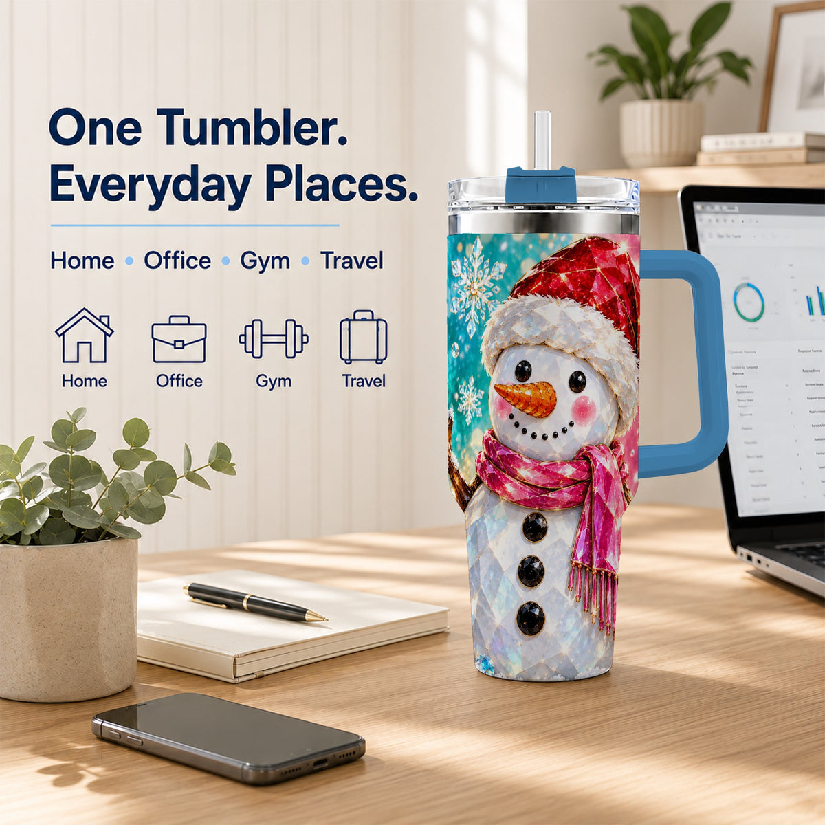 #pl[40oz|Blue] Gemstone Style Snowman 40oz Tumbler with Handle, Stainless Steel Travel Cup