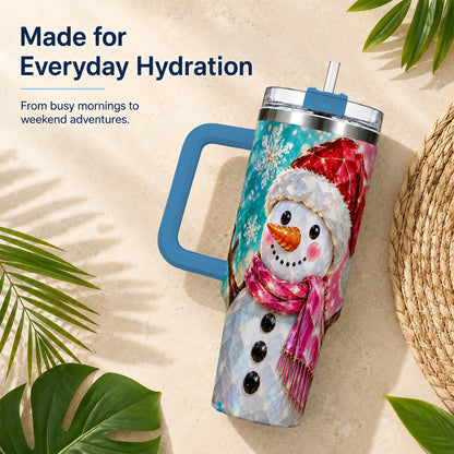#pl[40oz|Blue] Gemstone Style Snowman 40oz Tumbler with Handle, Stainless Steel Travel Cup