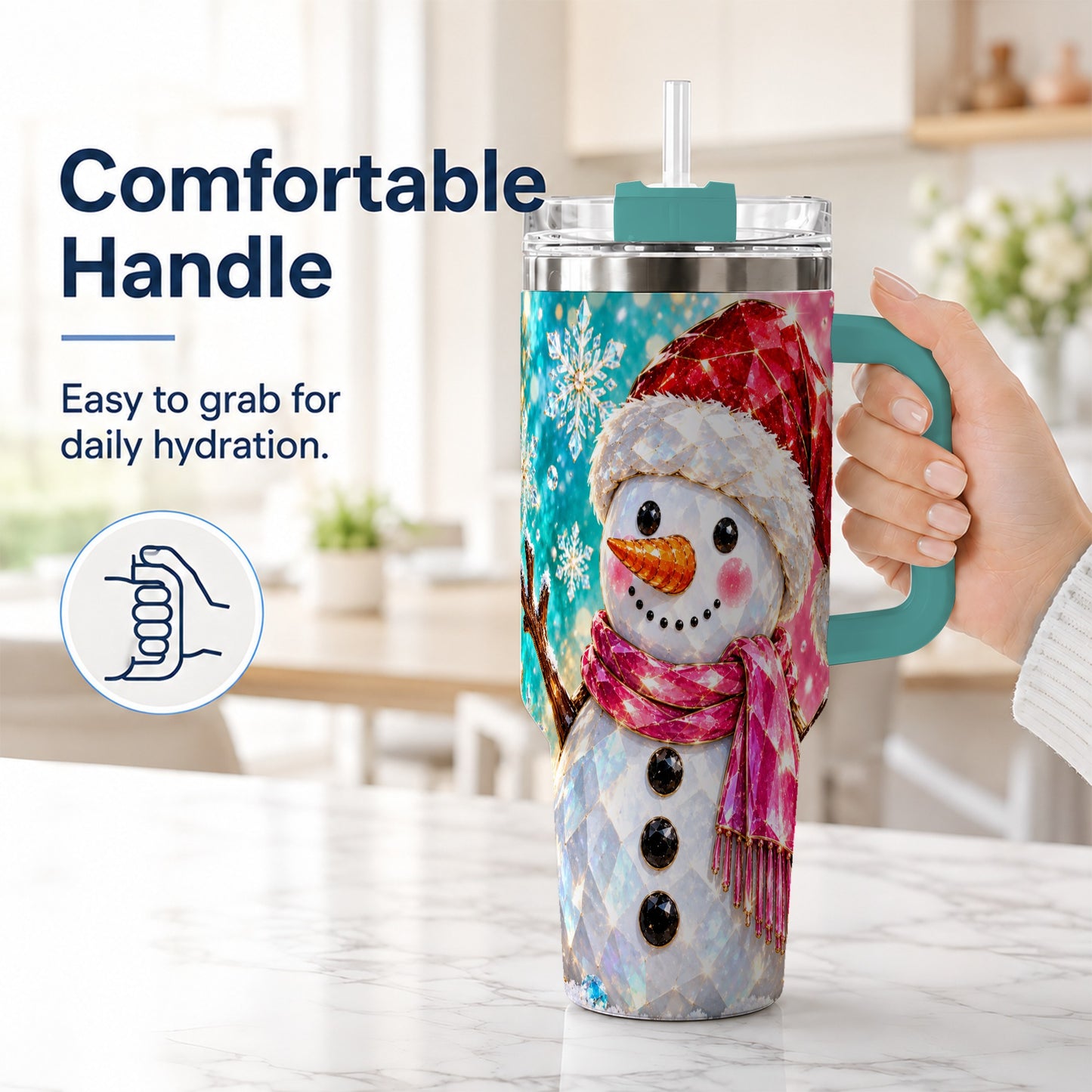 #pl[40oz|Green] Gemstone Style Snowman 40oz Tumbler with Handle, Stainless Steel Travel Cup