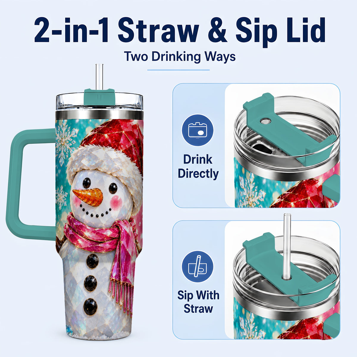 #pl[40oz|Green] Gemstone Style Snowman 40oz Tumbler with Handle, Stainless Steel Travel Cup