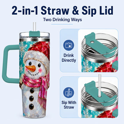 #pl[40oz|Green] Gemstone Style Snowman 40oz Tumbler with Handle, Stainless Steel Travel Cup