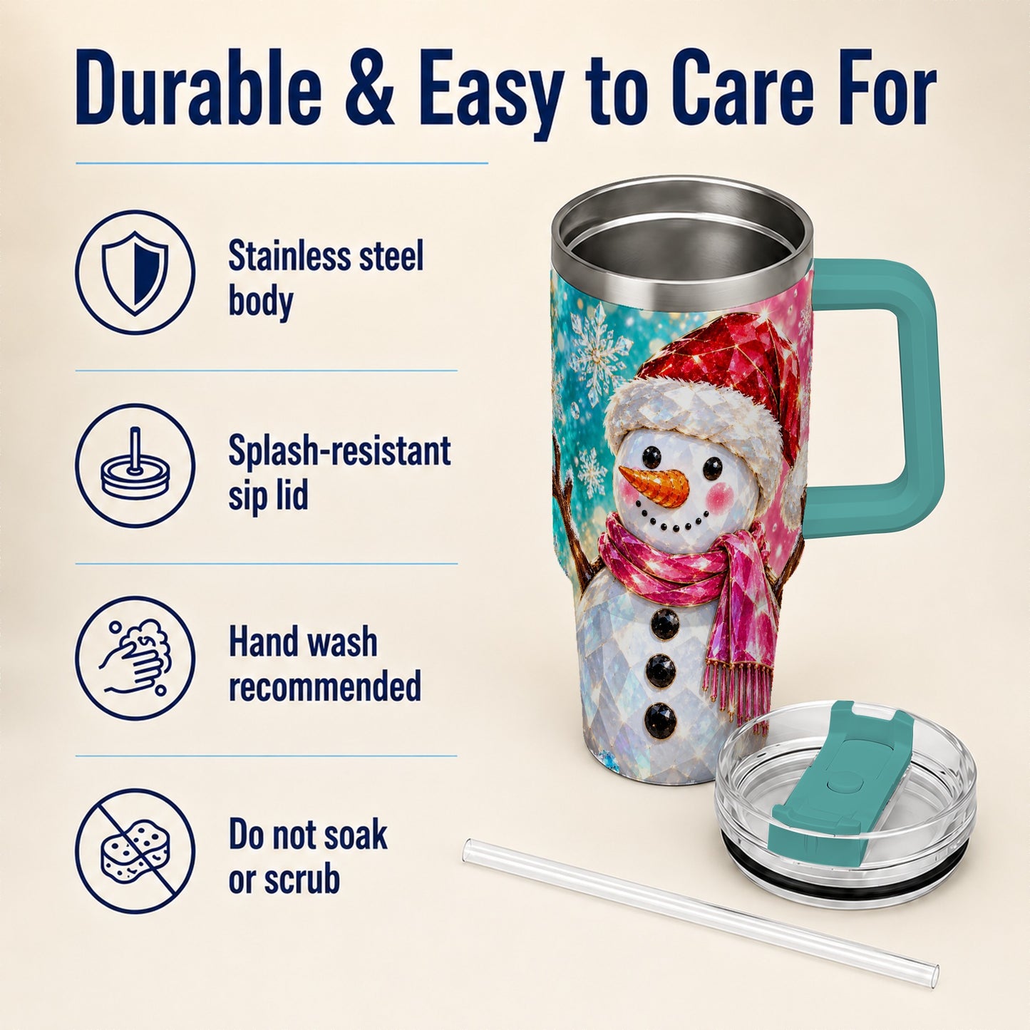 #pl[40oz|Green] Gemstone Style Snowman 40oz Tumbler with Handle, Stainless Steel Travel Cup