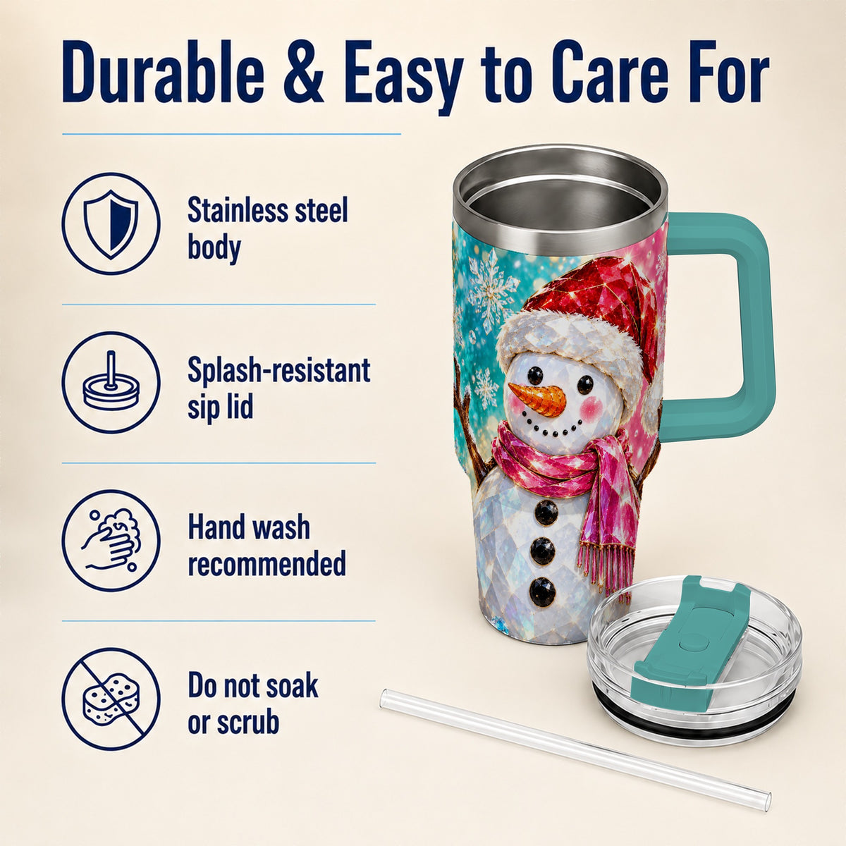 #pl[40oz|Green] Gemstone Style Snowman 40oz Tumbler with Handle, Stainless Steel Travel Cup