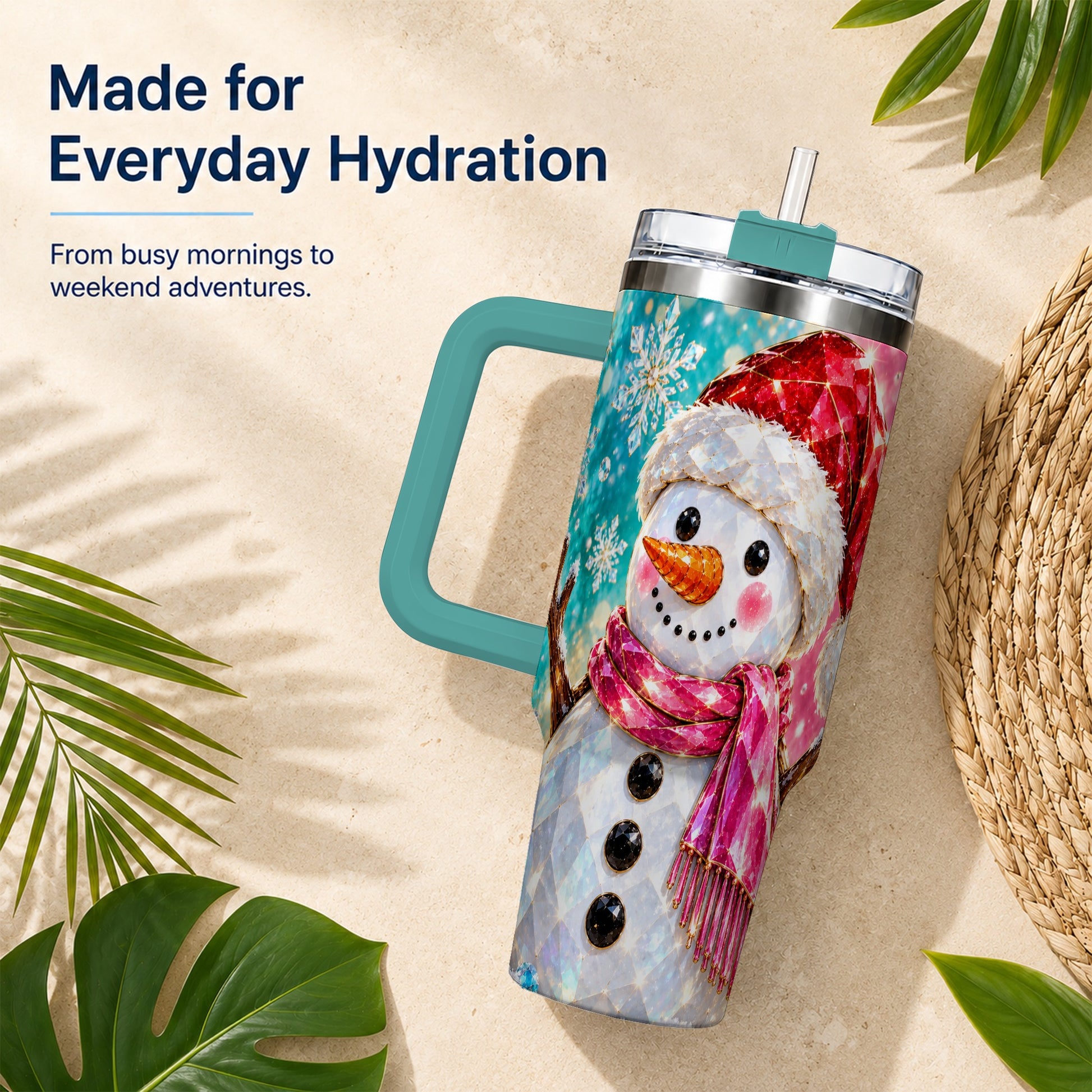 #pl[40oz|Green] Gemstone Style Snowman 40oz Tumbler with Handle, Stainless Steel Travel Cup