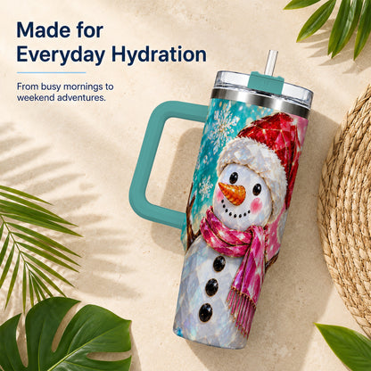 #pl[40oz|Green] Gemstone Style Snowman 40oz Tumbler with Handle, Stainless Steel Travel Cup
