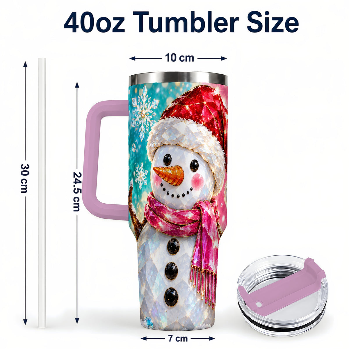 #pl[40oz|Pink] Gemstone Style Snowman 40oz Tumbler with Handle, Stainless Steel Travel Cup
