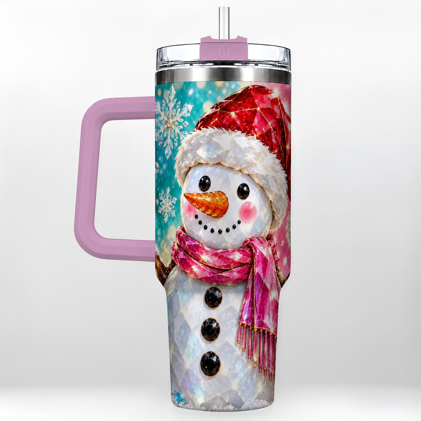 #pl[40oz|Pink] Gemstone Style Snowman 40oz Tumbler with Handle, Stainless Steel Travel Cup