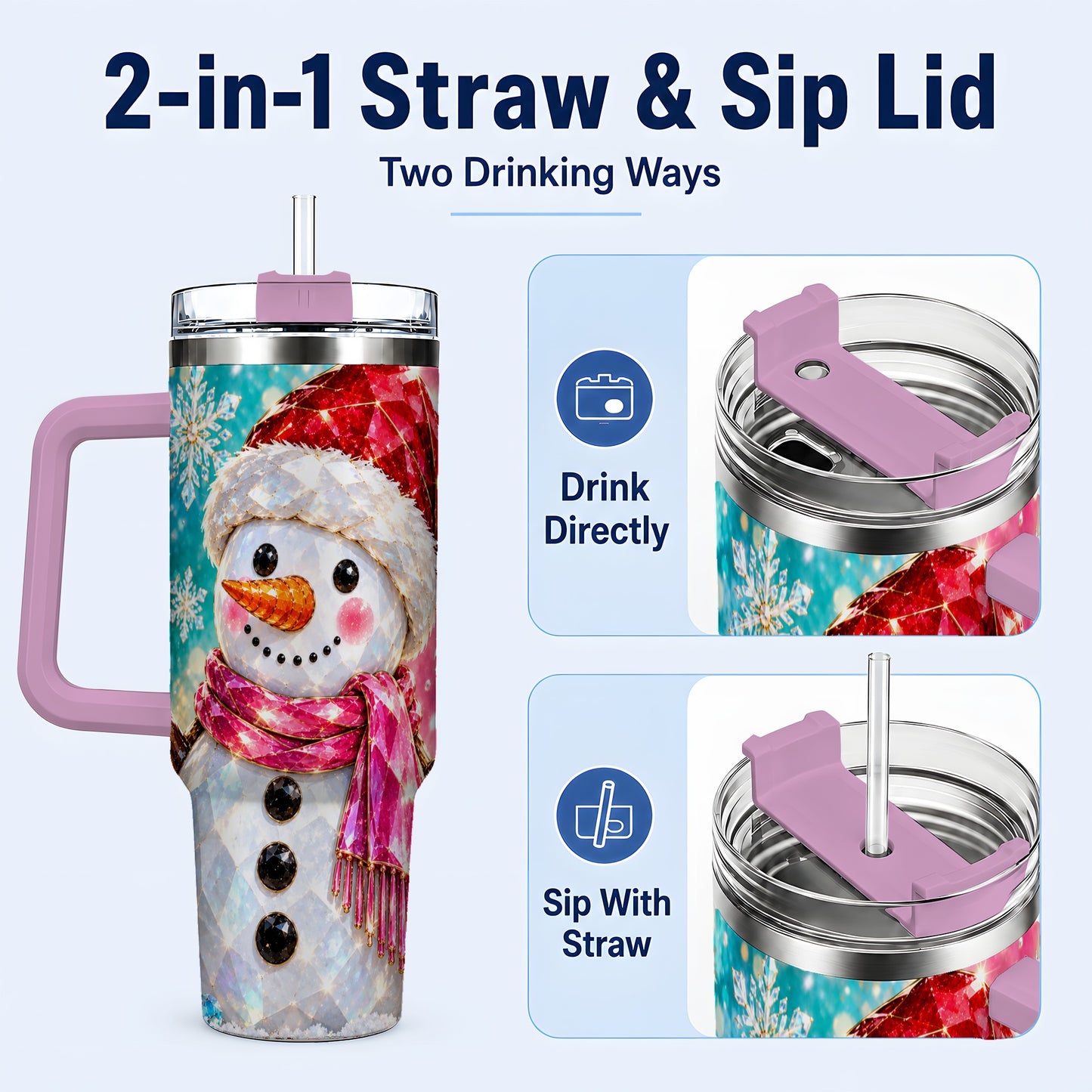 #pl[40oz|Pink] Gemstone Style Snowman 40oz Tumbler with Handle, Stainless Steel Travel Cup