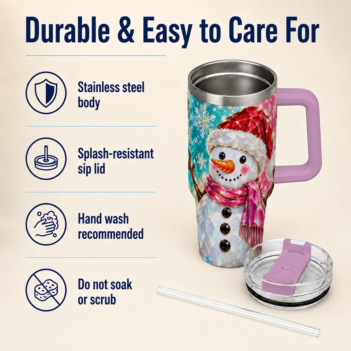 #pl[40oz|Pink] Gemstone Style Snowman 40oz Tumbler with Handle, Stainless Steel Travel Cup