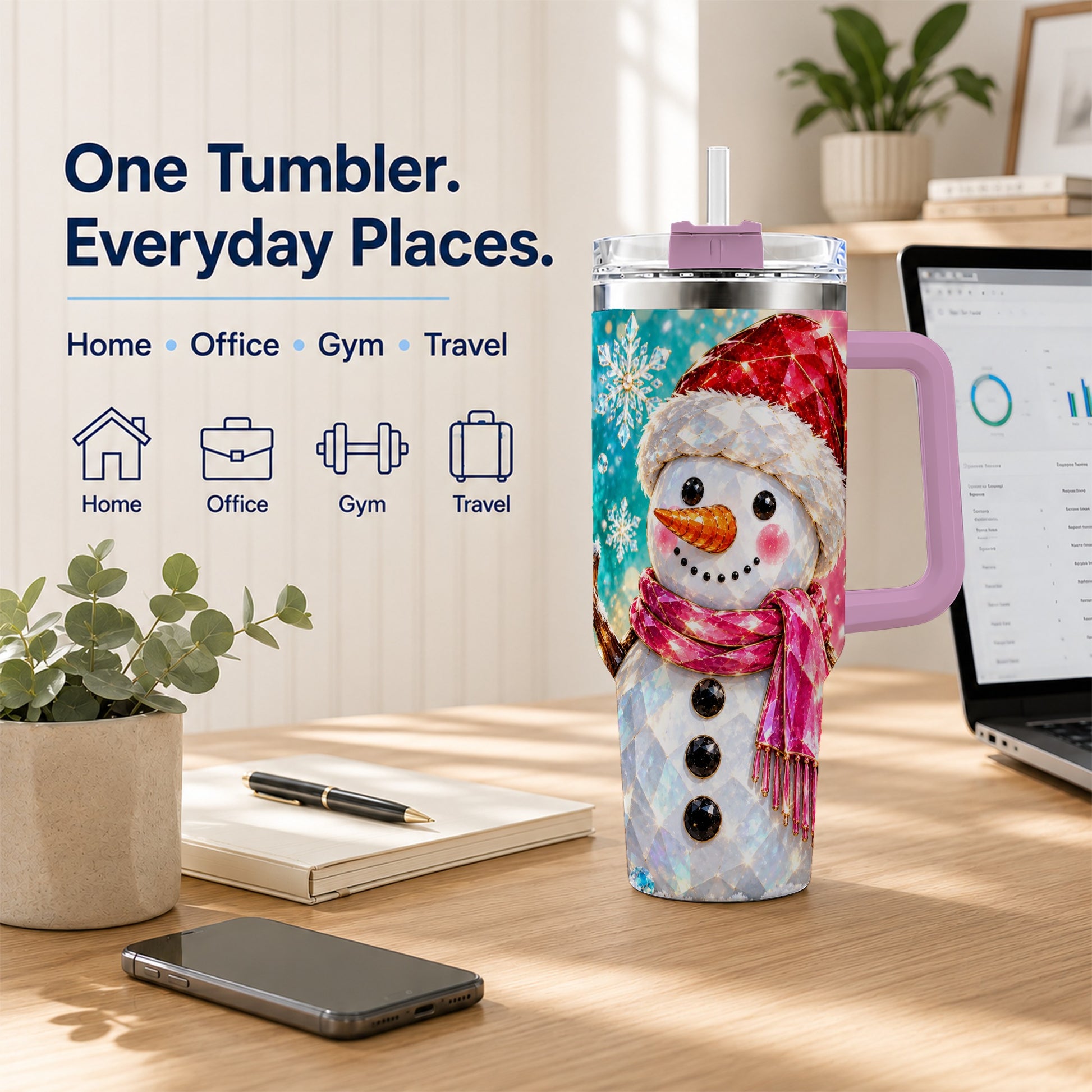 #pl[40oz|Pink] Gemstone Style Snowman 40oz Tumbler with Handle, Stainless Steel Travel Cup