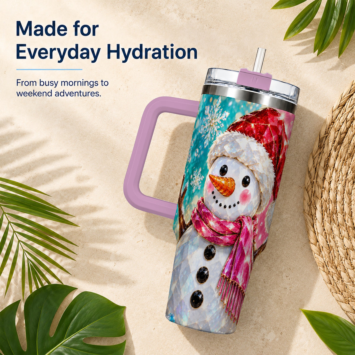 #pl[40oz|Pink] Gemstone Style Snowman 40oz Tumbler with Handle, Stainless Steel Travel Cup