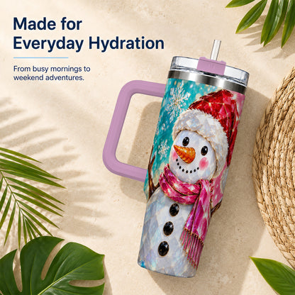 #pl[40oz|Pink] Gemstone Style Snowman 40oz Tumbler with Handle, Stainless Steel Travel Cup